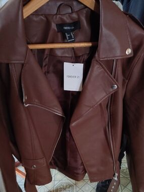 Forever 21 Brown Faux Leather Moto Jacket with Silver Hardware